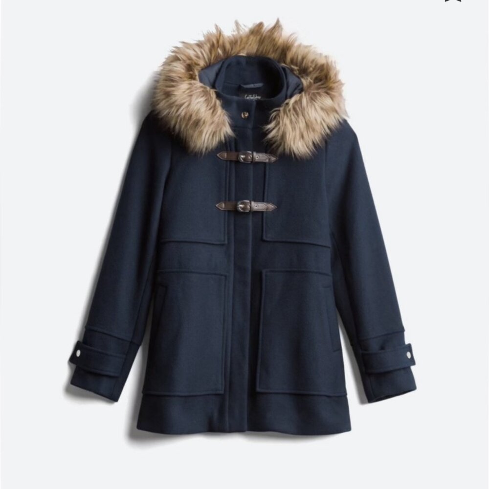 CoffeeShop Emmalise Faux Fur Lined Hood Wool Toggle Coat, Size Large, Navy